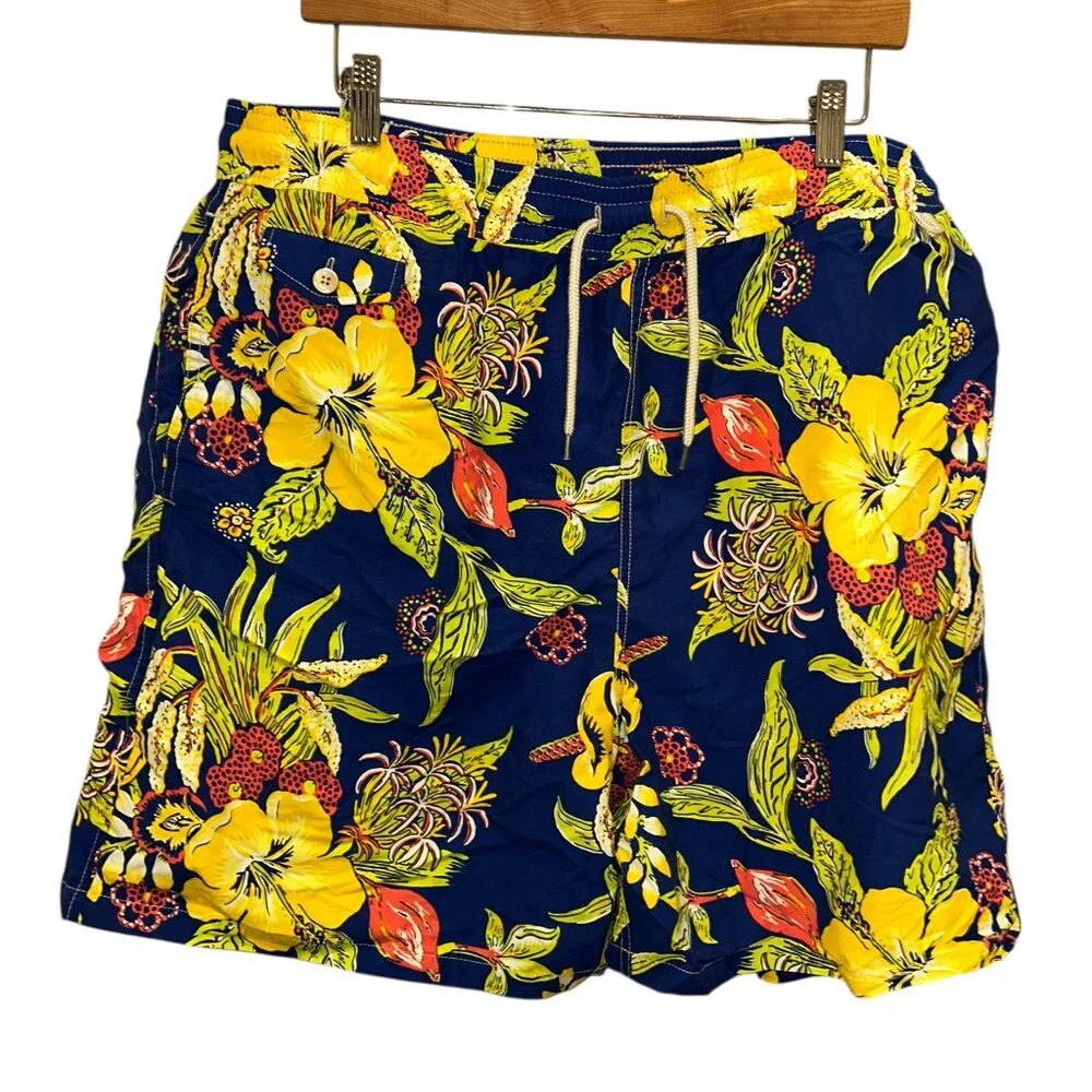 Polo Ralph Lauren bright yellow blue tropical plumeria flowers swimming trunksXL